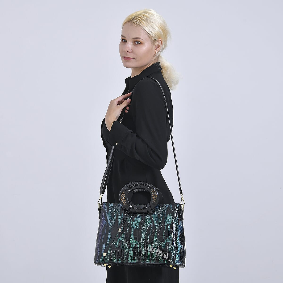 Green Black Croco Embossed Faux Leather Crossbody Bag with Round Double Handle image number 2