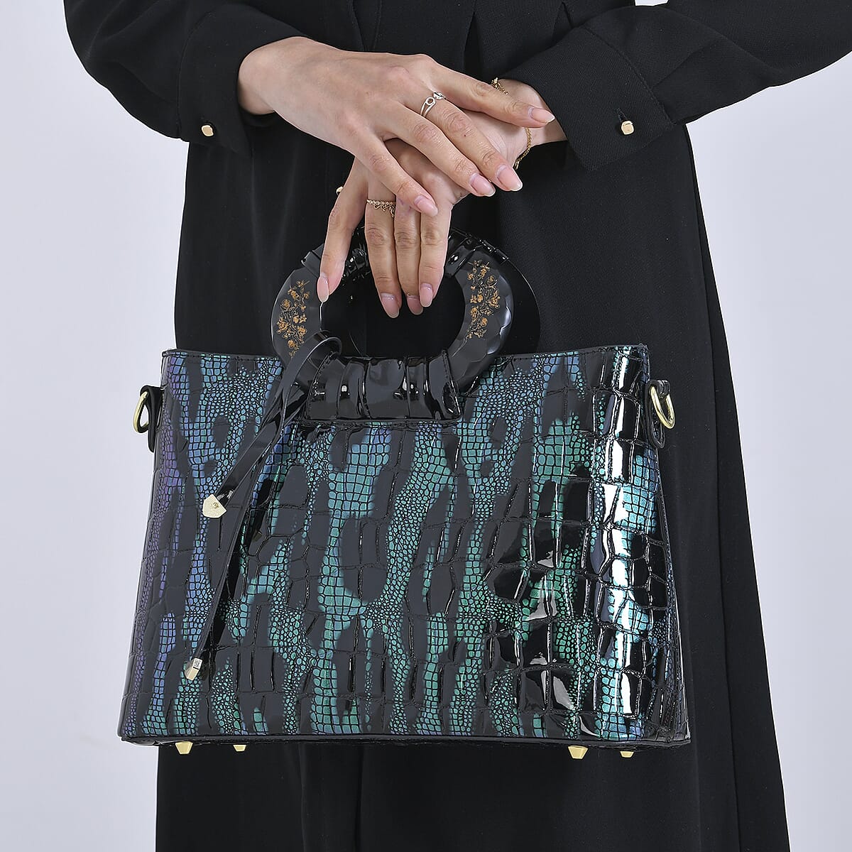 Green Black Croco Embossed Faux Leather Crossbody Bag with Round Double Handle image number 3