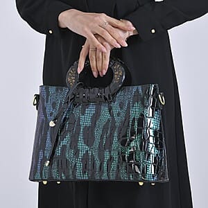 Green Black Croco Embossed Faux Leather Crossbody Bag with Round Double Handle