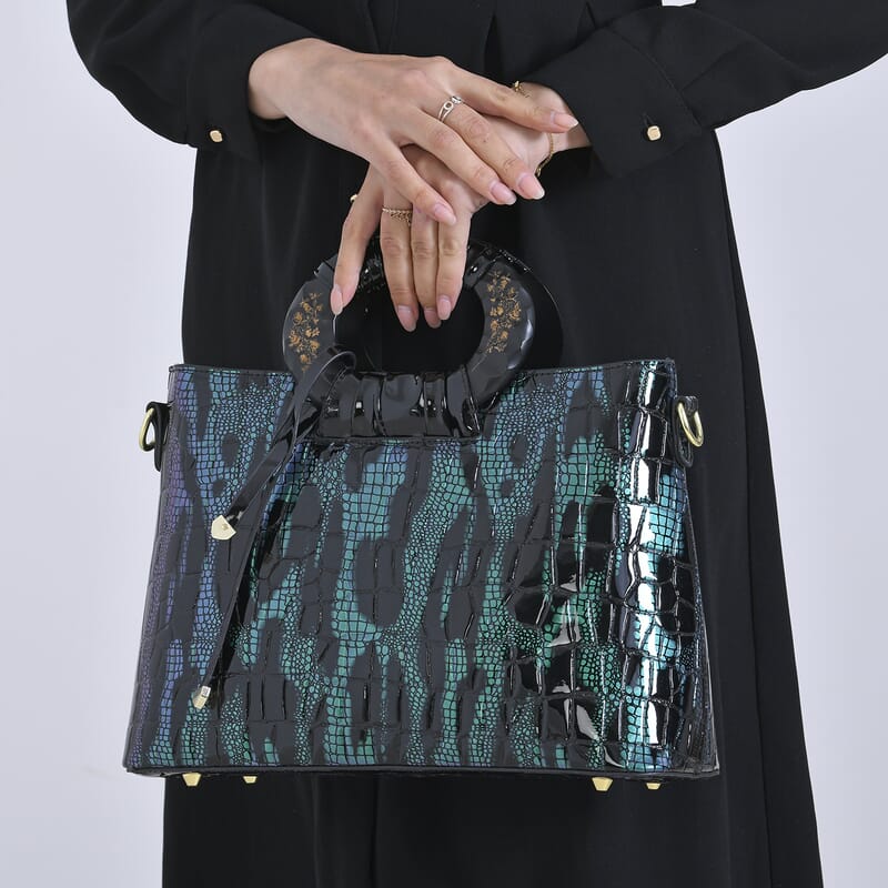 Green Black Croco Embossed Faux Leather Crossbody Bag with Round Double Handle
