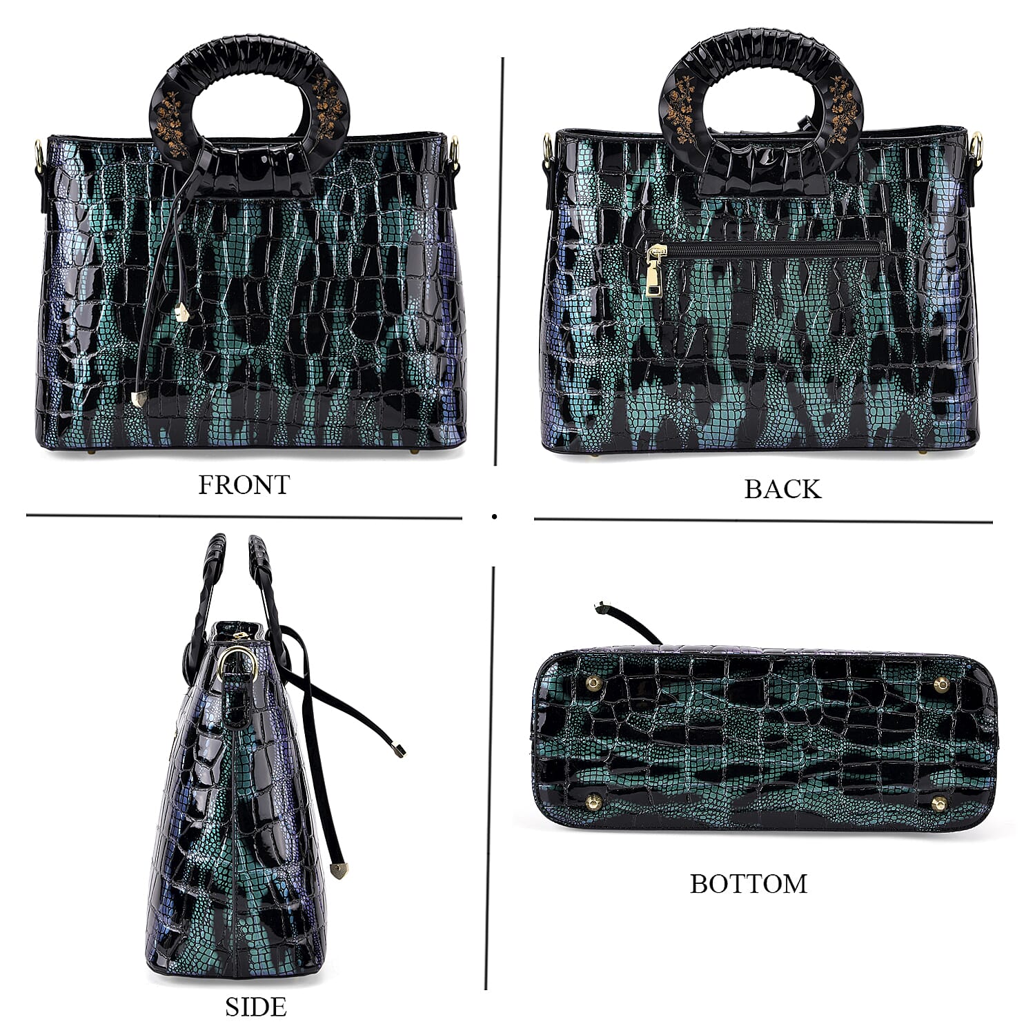 Green Black Croco Embossed Faux Leather Crossbody Bag with Round Double Handle