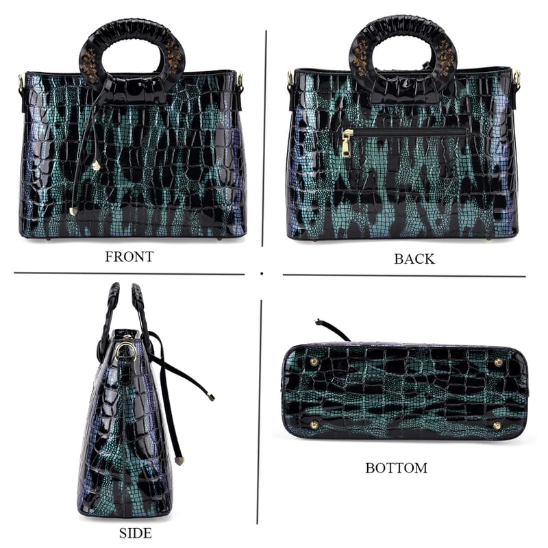 Green Black Croco Embossed Faux Leather Crossbody Bag with Round Double Handle
