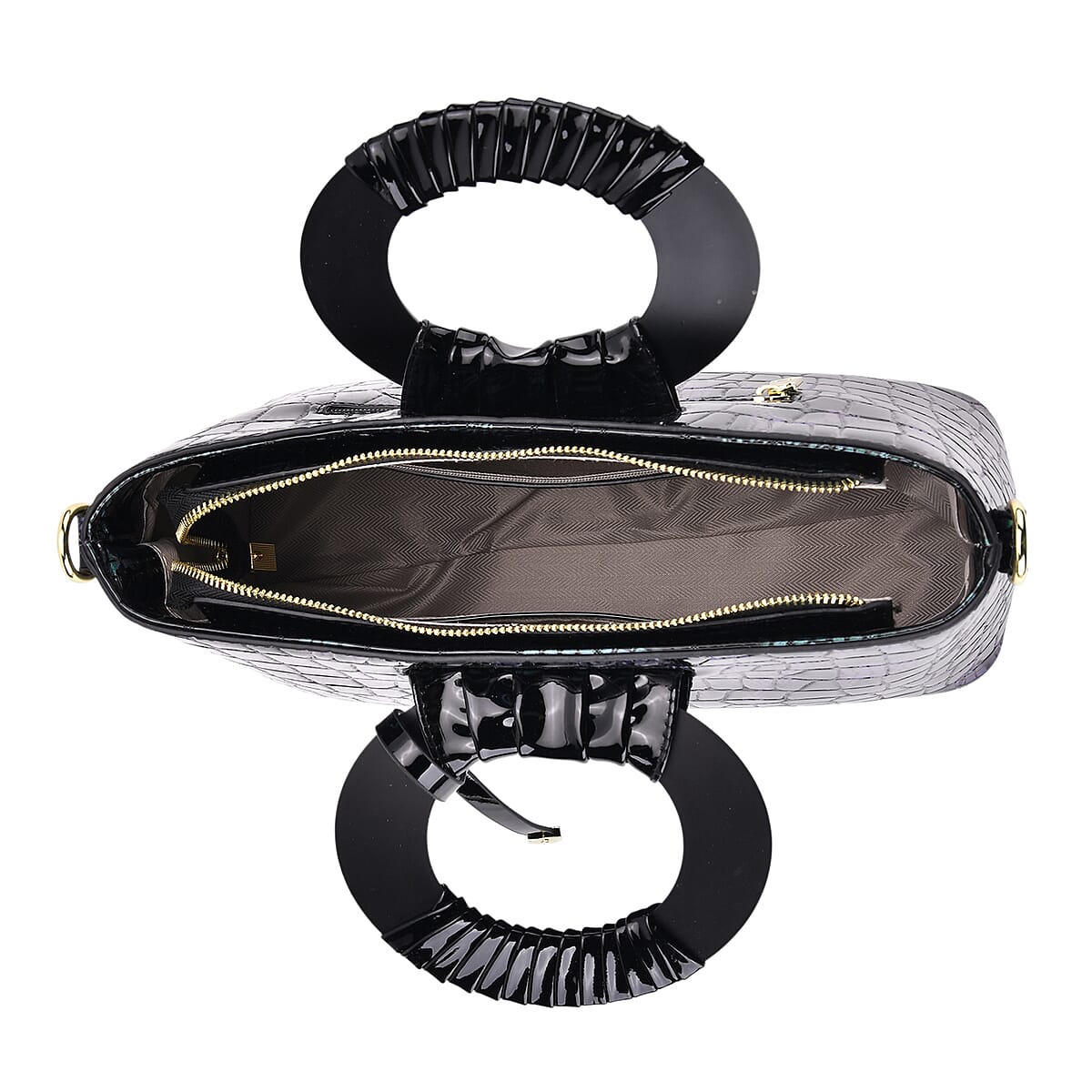 Green Black Croco Embossed Faux Leather Crossbody Bag with Round Double Handle image number 5