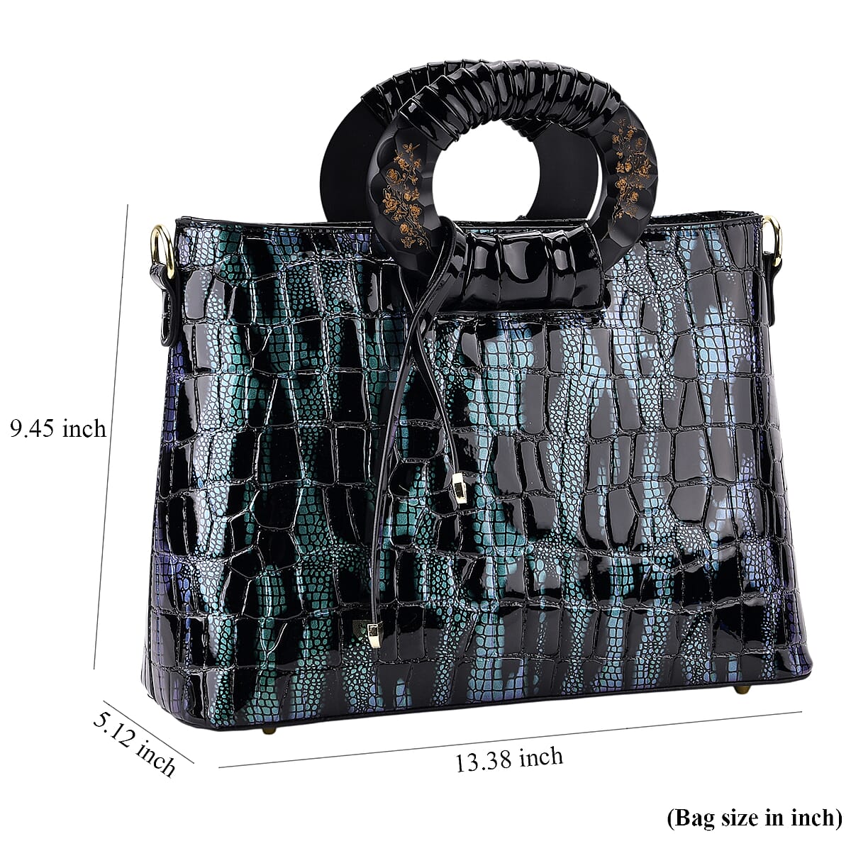 Green Black Croco Embossed Faux Leather Crossbody Bag with Round Double Handle image number 7