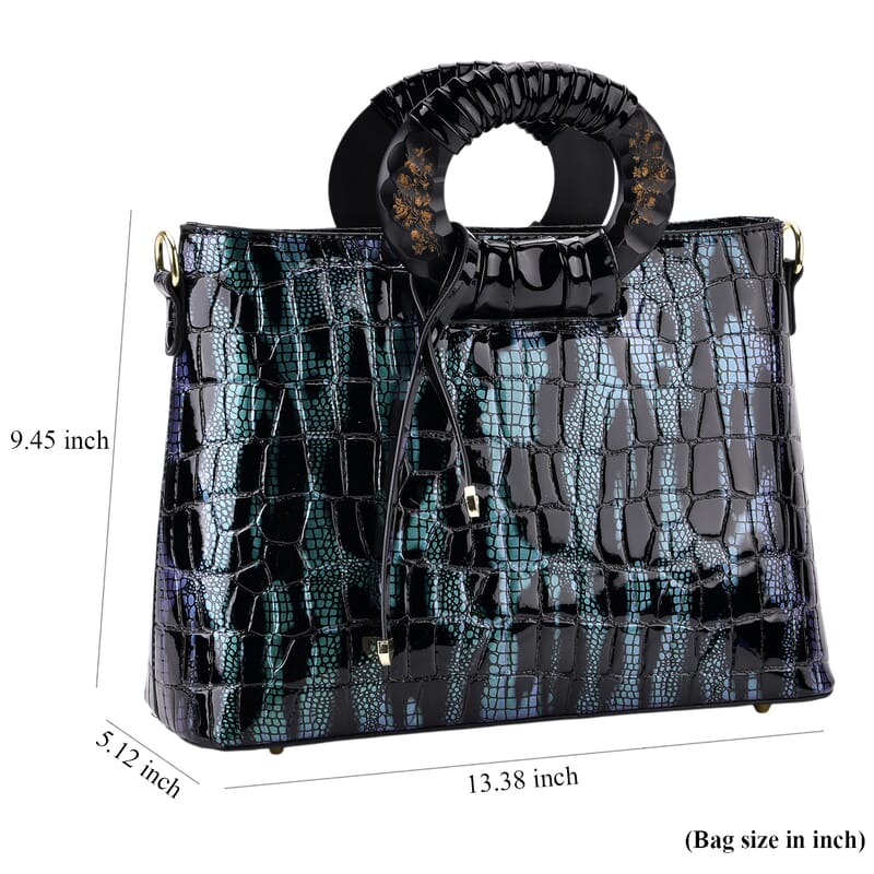 Green Black Croco Embossed Faux Leather Crossbody Bag with Round Double Handle