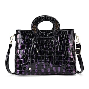 Purple Black Croco Embossed Faux Leather Crossbody Bag with Round Double Handle
