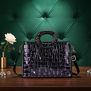 Purple Black Croco Embossed Faux Leather Crossbody Bag with Round Double Handle
