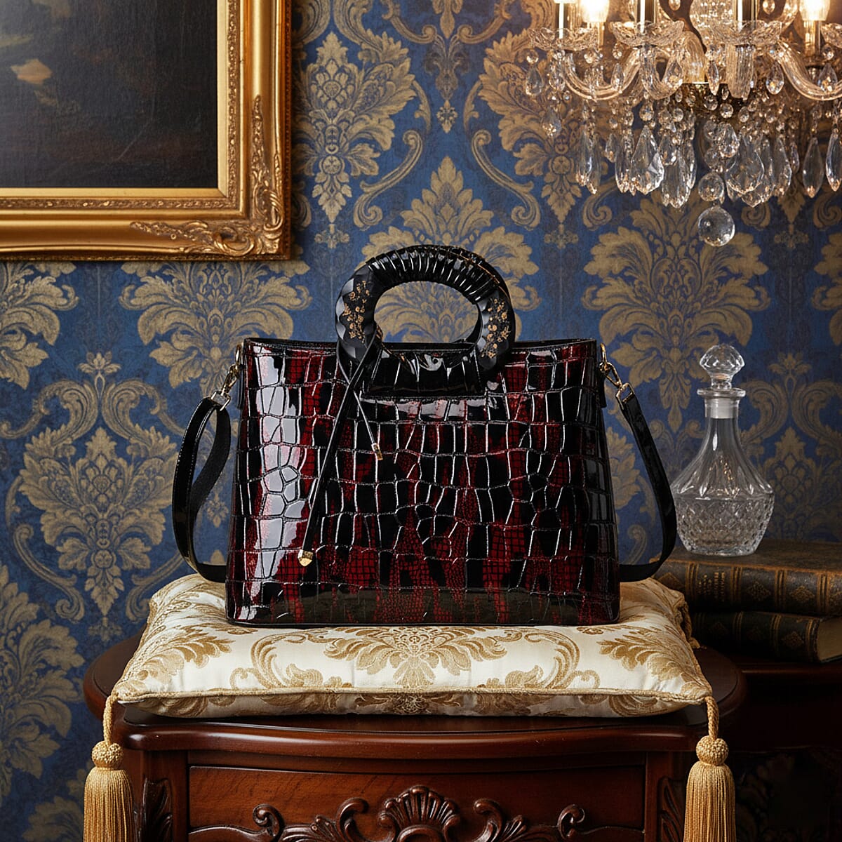 Red Croco Embossed Faux Leather Crossbody Bag with Round Double Handle image number 1