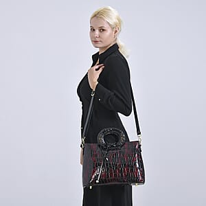 Red Croco Embossed Faux Leather Crossbody Bag with Round Double Handle