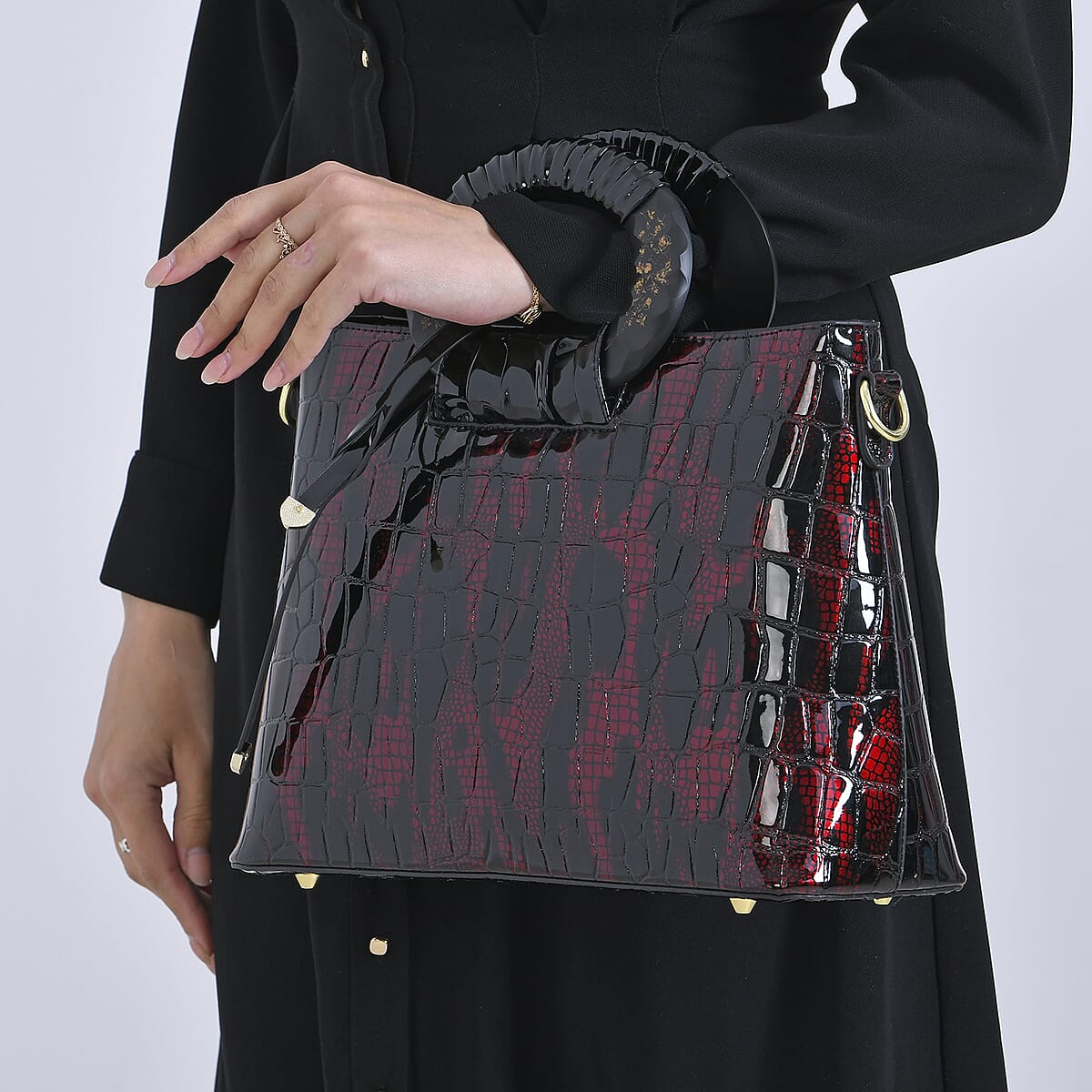 Red Croco Embossed Faux Leather Crossbody Bag with Round Double Handle image number 3