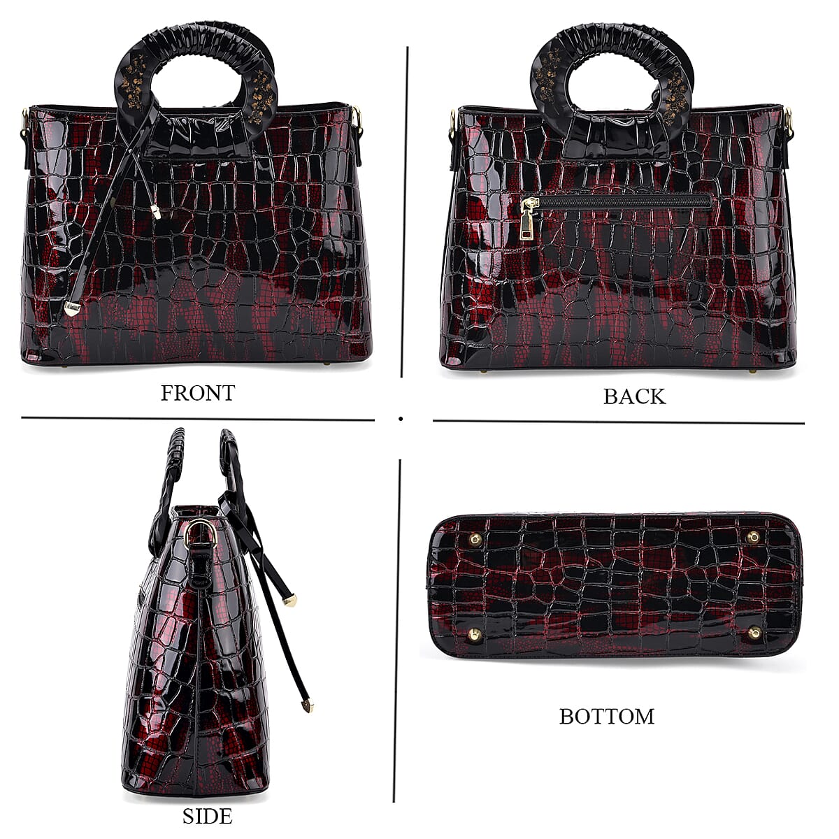 Red Croco Embossed Faux Leather Crossbody Bag with Round Double Handle image number 4