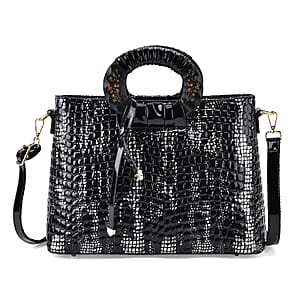 Silver Black Croco Embossed Faux Leather Crossbody Bag with Round Double Handle
