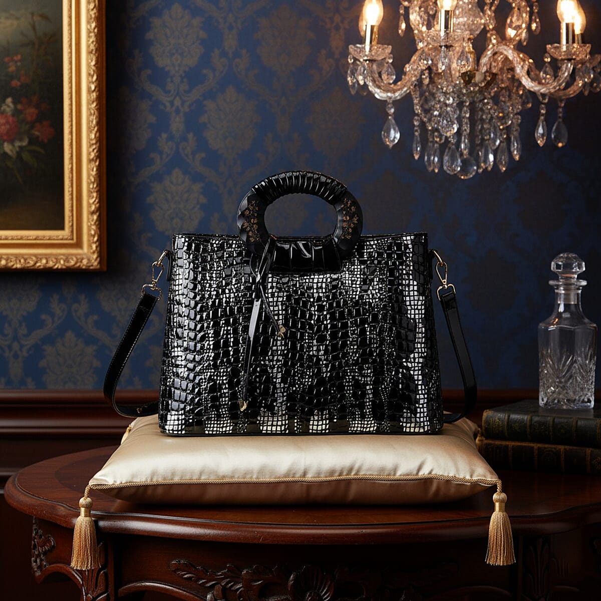 Silver Black Croco Embossed Faux Leather Crossbody Bag with Round Double Handle image number 1