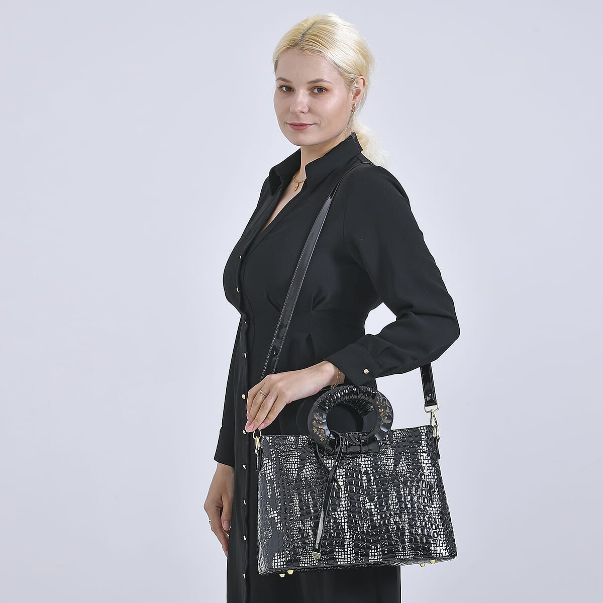 Silver Black Croco Embossed Faux Leather Crossbody Bag with Round Double Handle image number 2