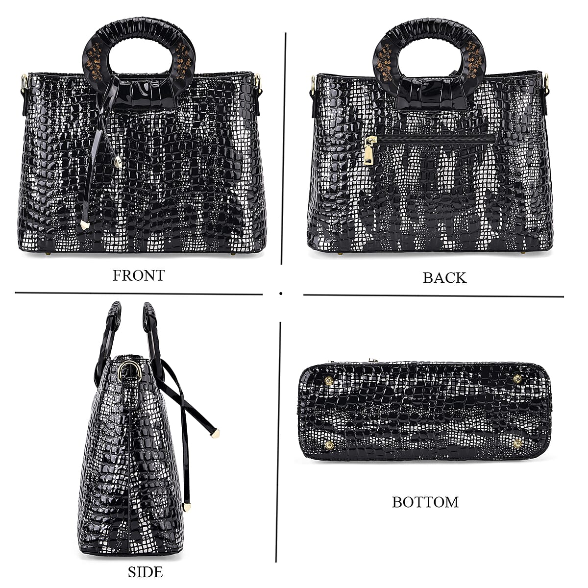 Silver Black Croco Embossed Faux Leather Crossbody Bag with Round Double Handle image number 4