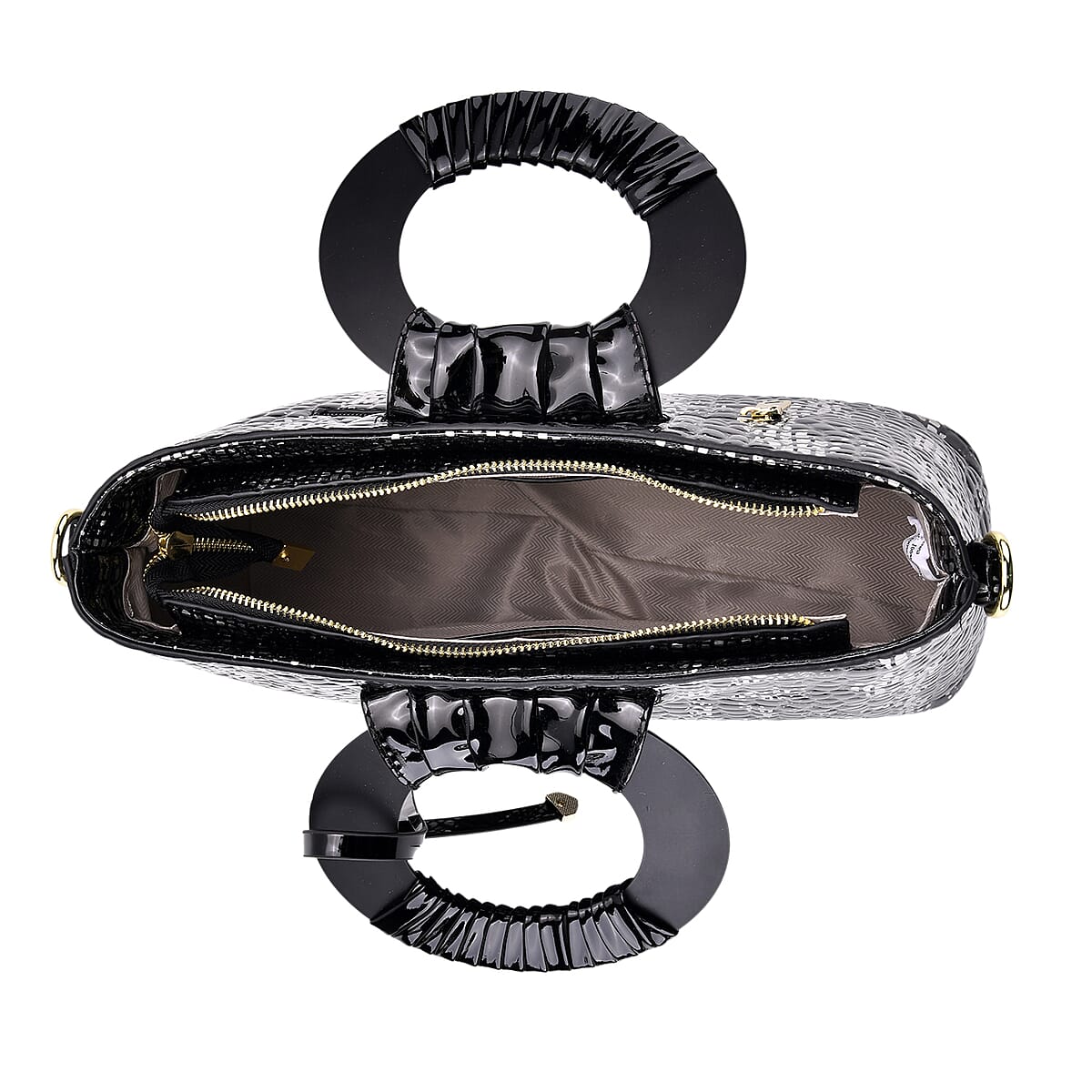 Silver Black Croco Embossed Faux Leather Crossbody Bag with Round Double Handle image number 5