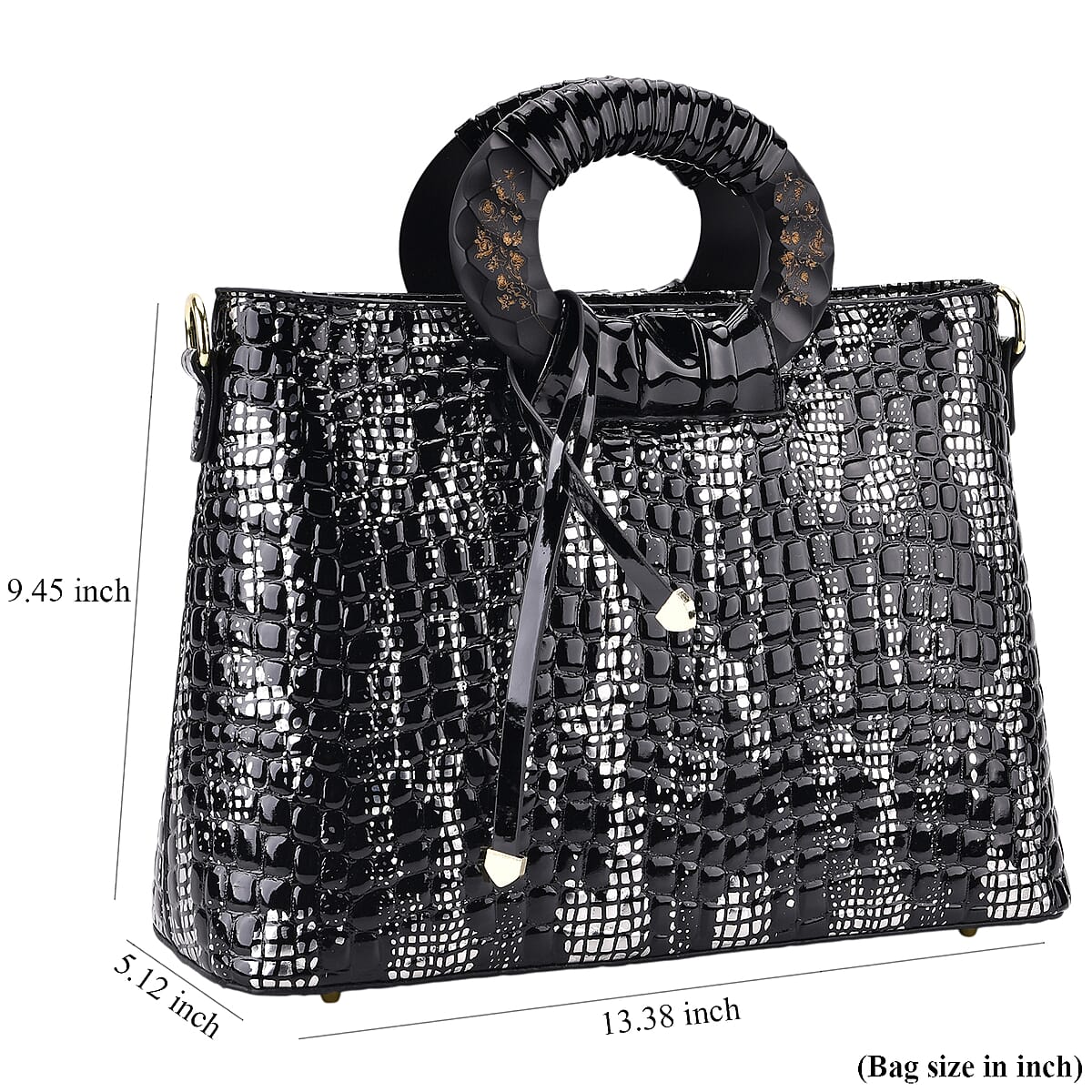 Silver Black Croco Embossed Faux Leather Crossbody Bag with Round Double Handle image number 7