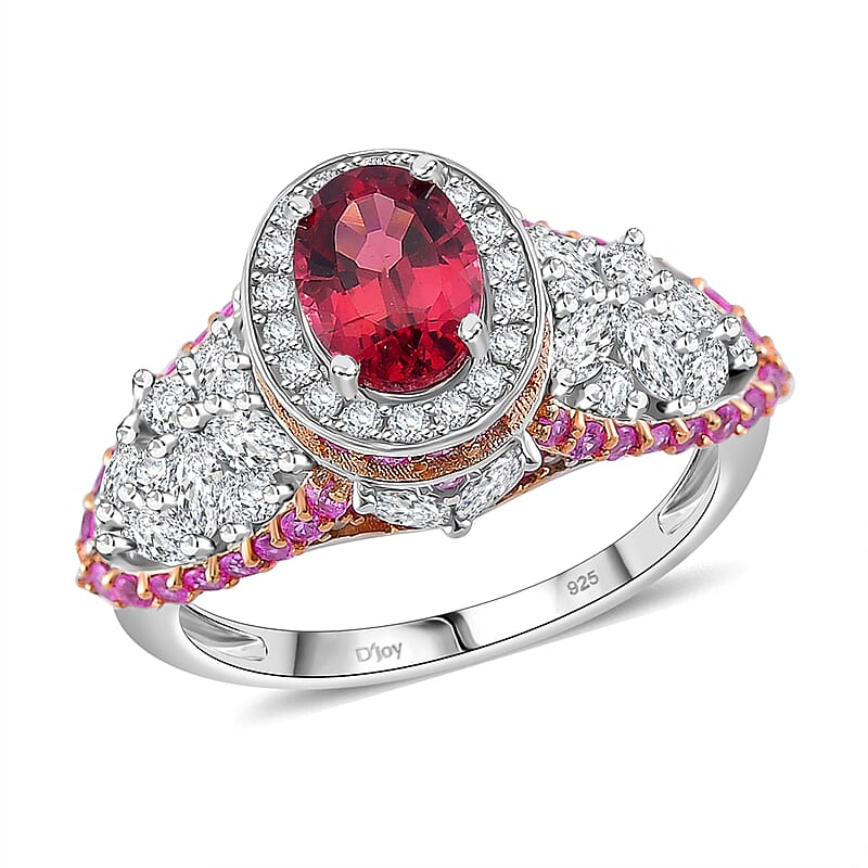 D'Joy Ouro Fino Rubellite and Multi Gemstone 4.65 ctw Lotus Flower Ring in Rhodium Over Sterling Silver (Size 10.0)