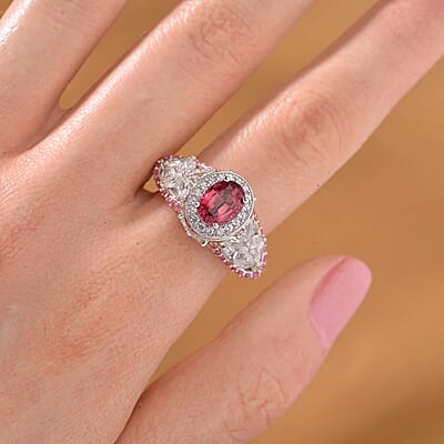 D'Joy Ouro Fino Rubellite and Multi Gemstone 4.65 ctw Lotus Flower Ring in Rhodium Over Sterling Silver (Size 10.0)