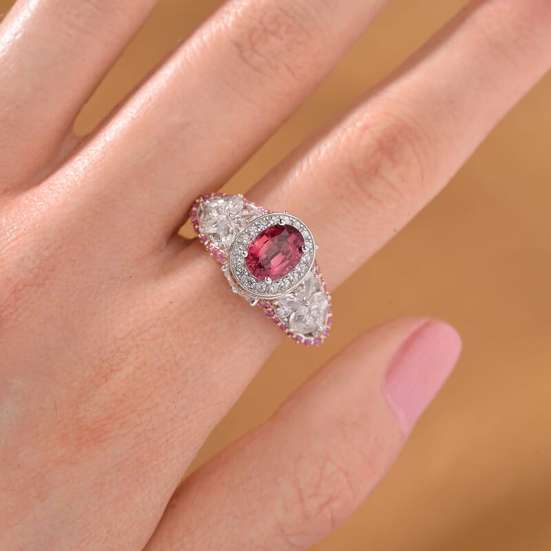 D'Joy Ouro Fino Rubellite and Multi Gemstone 4.65 ctw Lotus Flower Ring in Rhodium Over Sterling Silver (Size 10.0)