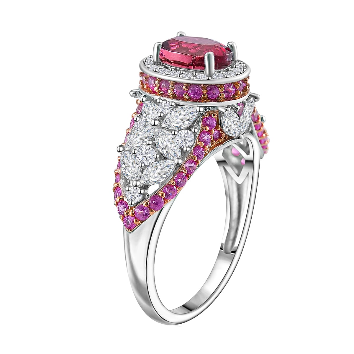 Ouro Fino Rubellite and Multi Gemstone 4.65 ctw Ring in RG and Rhodium Over Sterling Silver (Size 10.0) image number 2