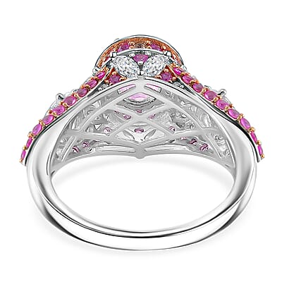 D'Joy Ouro Fino Rubellite and Multi Gemstone 4.65 ctw Lotus Flower Ring in Rhodium Over Sterling Silver (Size 10.0)