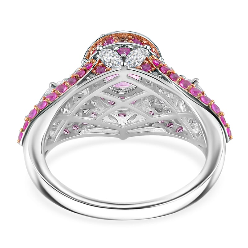 D'Joy Ouro Fino Rubellite and Multi Gemstone 4.65 ctw Lotus Flower Ring in Rhodium Over Sterling Silver (Size 10.0)
