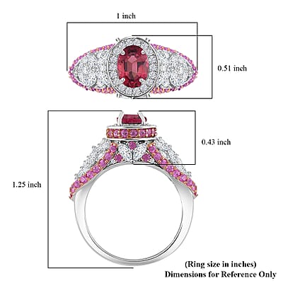 D'Joy Ouro Fino Rubellite and Multi Gemstone 4.65 ctw Lotus Flower Ring in Rhodium Over Sterling Silver (Size 10.0)