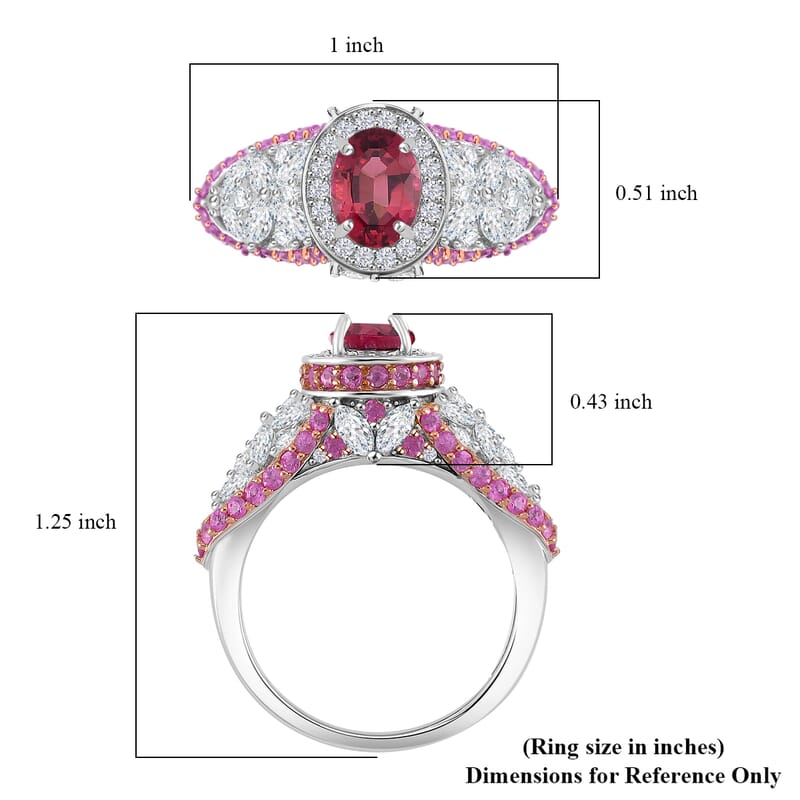 D'Joy Ouro Fino Rubellite and Multi Gemstone 4.65 ctw Lotus Flower Ring in Rhodium Over Sterling Silver (Size 10.0)