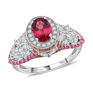 D'Joy Ouro Fino Rubellite and Multi Gemstone 4.65 ctw Lotus Flower Ring in Rhodium Over Sterling Silver (Size 7.0)
