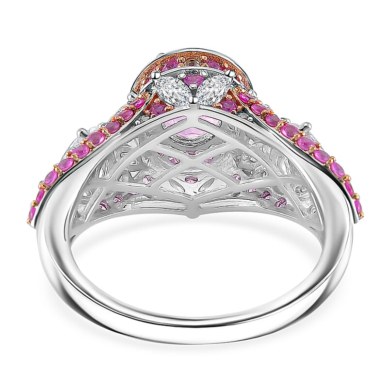 D'Joy Ouro Fino Rubellite and Multi Gemstone 4.65 ctw Lotus Flower Ring in Rhodium Over Sterling Silver (Size 7.0)