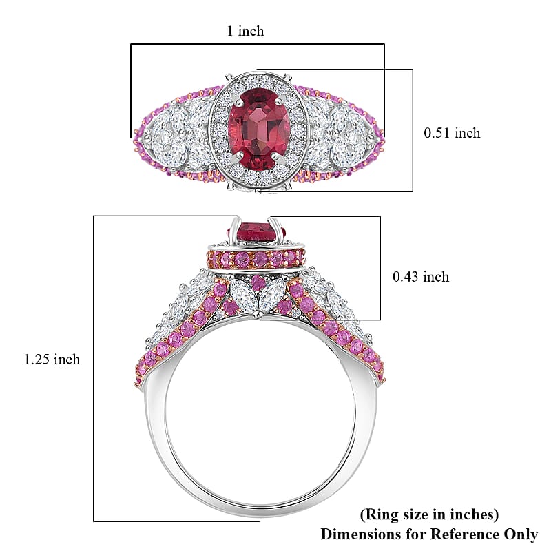 D'Joy Ouro Fino Rubellite and Multi Gemstone 4.65 ctw Lotus Flower Ring in Rhodium Over Sterling Silver (Size 7.0)