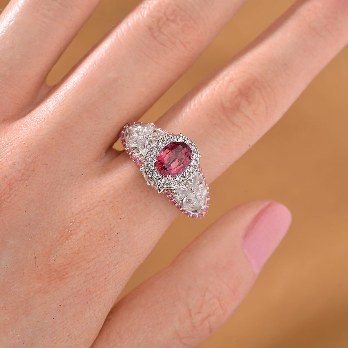 D'Joy Ouro Fino Rubellite and Multi Gemstone 4.65 ctw Lotus Flower Ring in Rhodium Over Sterling Silver (Size 9.0) image number 1