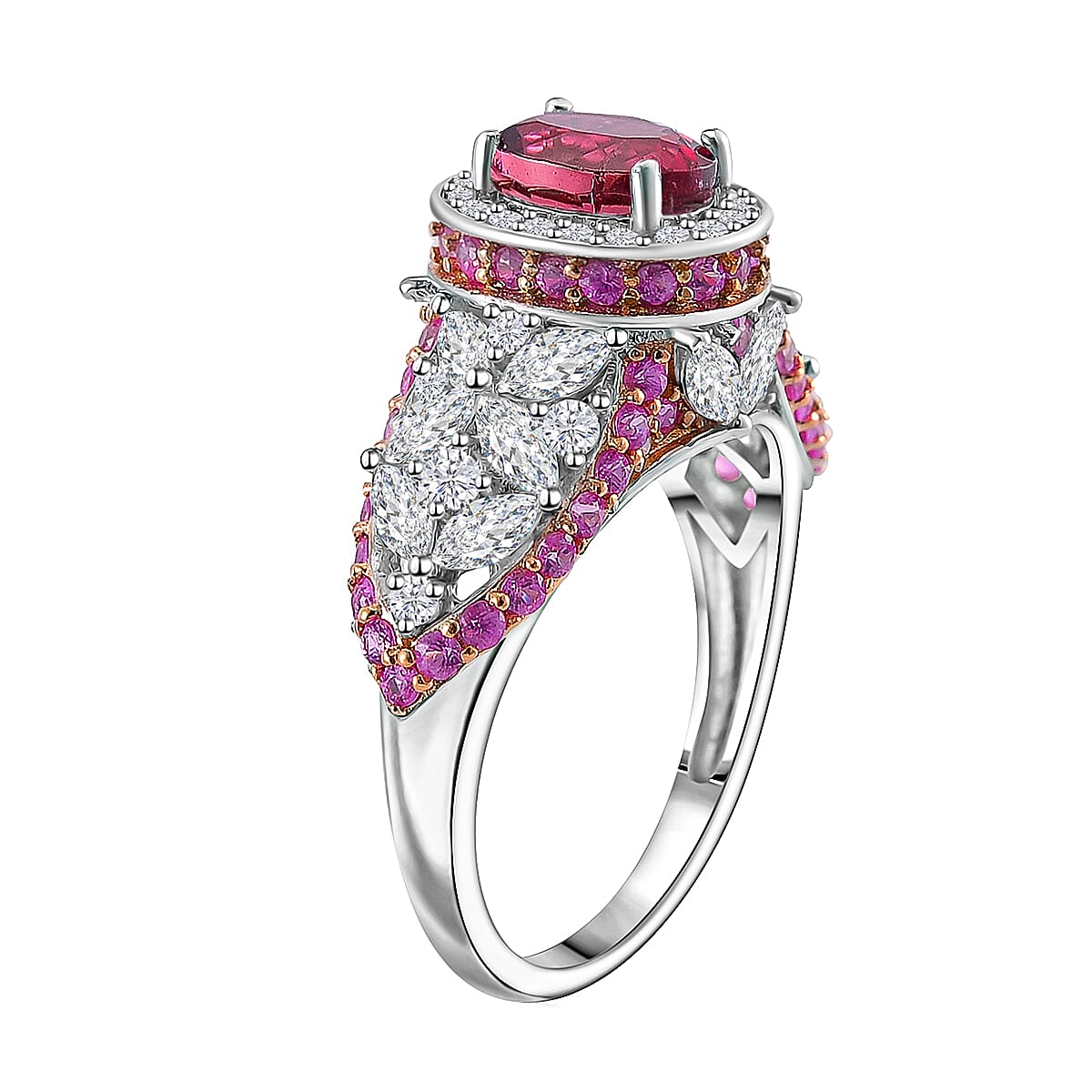 D'Joy Ouro Fino Rubellite and Multi Gemstone 4.65 ctw Lotus Flower Ring in Rhodium Over Sterling Silver (Size 9.0) image number 2