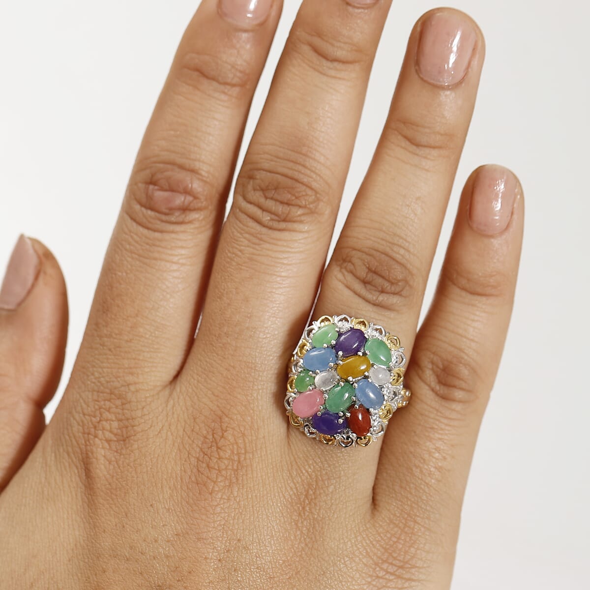 Multi Jade (D) and White Zircon 6.60 ctw Rainbow Harmony Ring in Vermeil YG and Rhodium Over Sterling Silver (Size 5.0) image number 2