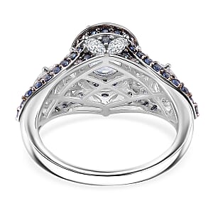 D'Joy Santa Maria Aquamarine and Multi Gemstone 4.50 ctw Lotus Flower Ring in Rhodium Over Sterling Silver (Size 6.0)