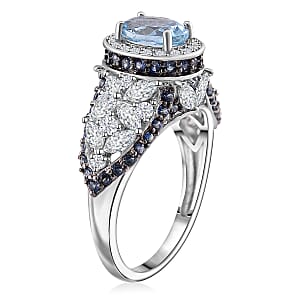 D'Joy Santa Maria Aquamarine and Multi Gemstone 4.50 ctw Lotus Flower Ring in Rhodium Over Sterling Silver (Size 7.0)