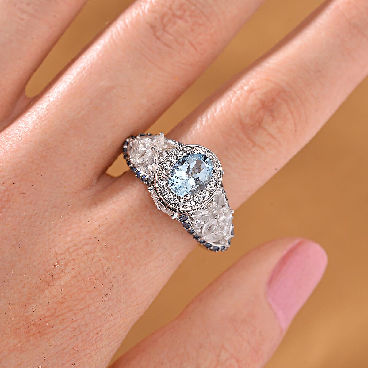 D'Joy Santa Maria Aquamarine and Multi Gemstone 4.50 ctw Lotus Flower Ring in Sterling Silver (Size 8.0) image number 1