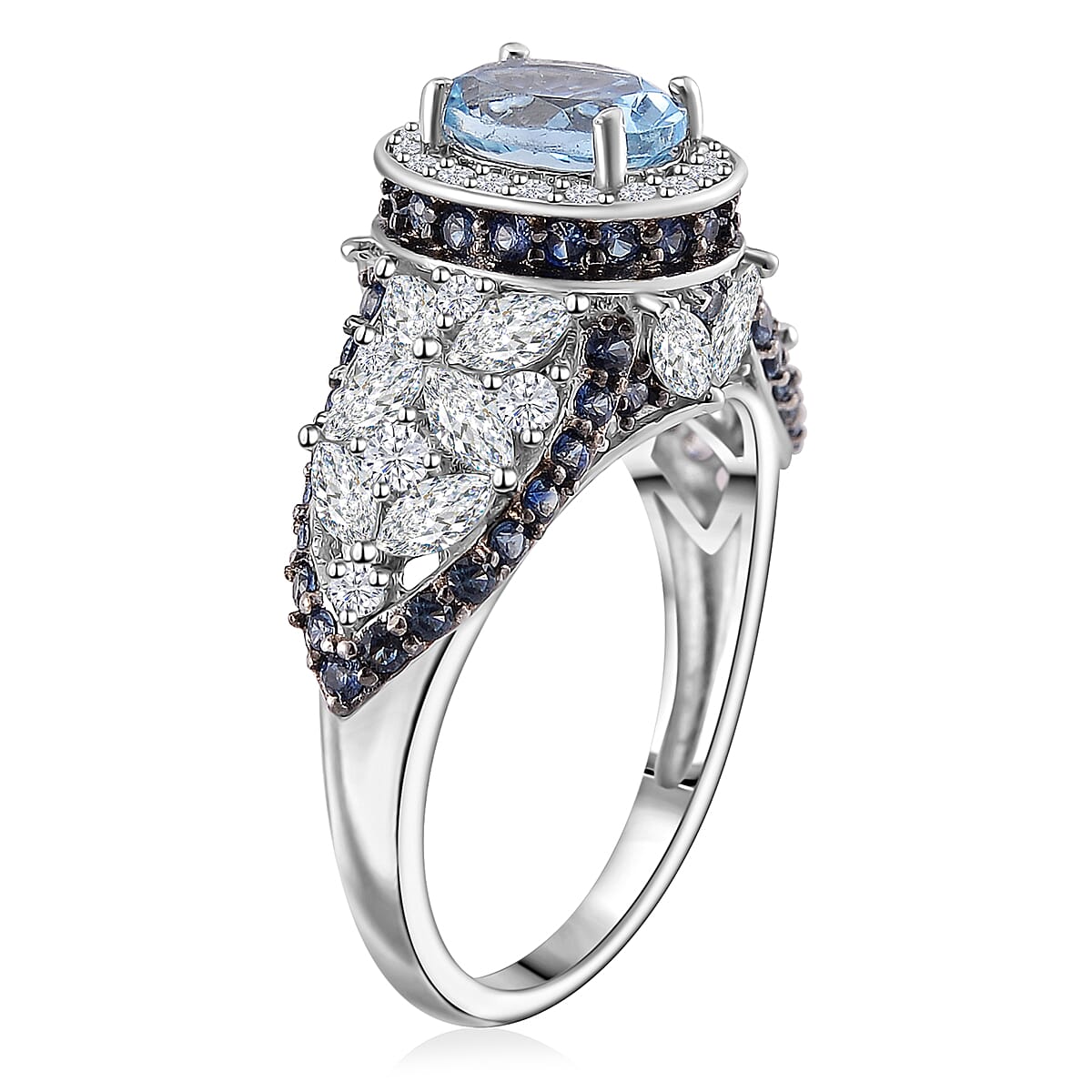 D'Joy Santa Maria Aquamarine and Multi Gemstone 4.50 ctw Lotus Flower Ring in Sterling Silver (Size 8.0) image number 2