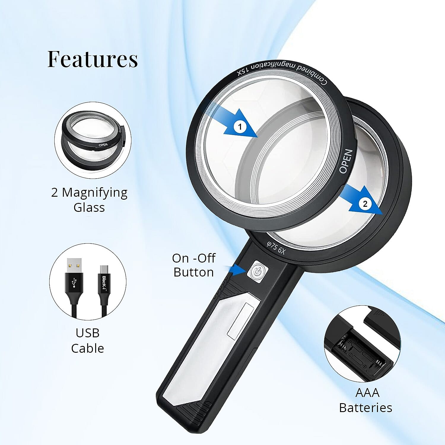 Combined Dual-Lenses Handheld 5x and 10x Magnifier Glass