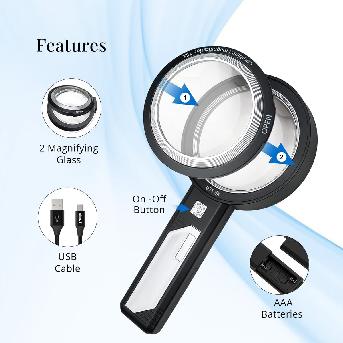 Combined Dual-Lenses Handheld 5x and 10x Magnifier Glass image number 4