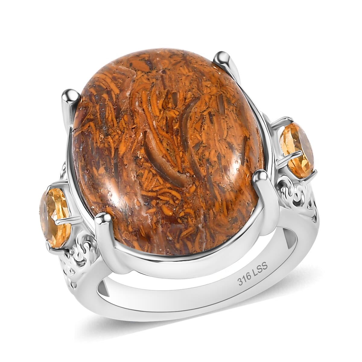 Script Stone and Brazilian Citrine 15.55 ctw Ring in Stainless Steel (Size 8.0) image number 0