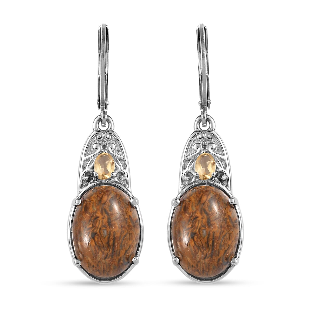 Script Stone and Brazilian Citrine 10.85 ctw Lever Back Earrings in Stainless Steel image number 0