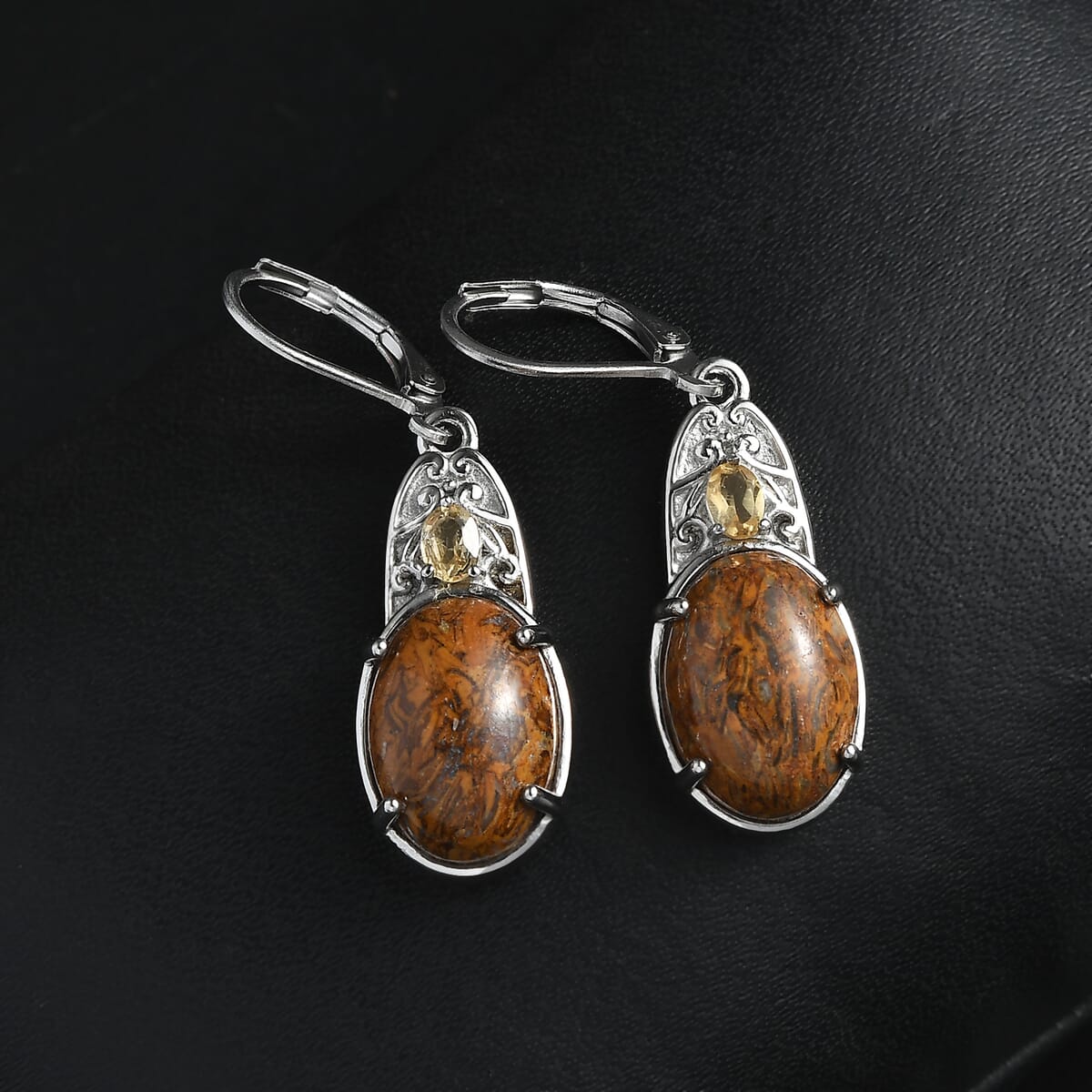 Script Stone and Brazilian Citrine 10.85 ctw Lever Back Earrings in Stainless Steel image number 1