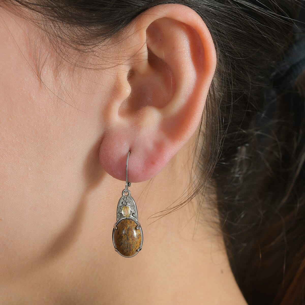 Script Stone and Brazilian Citrine 10.85 ctw Lever Back Earrings in Stainless Steel image number 2