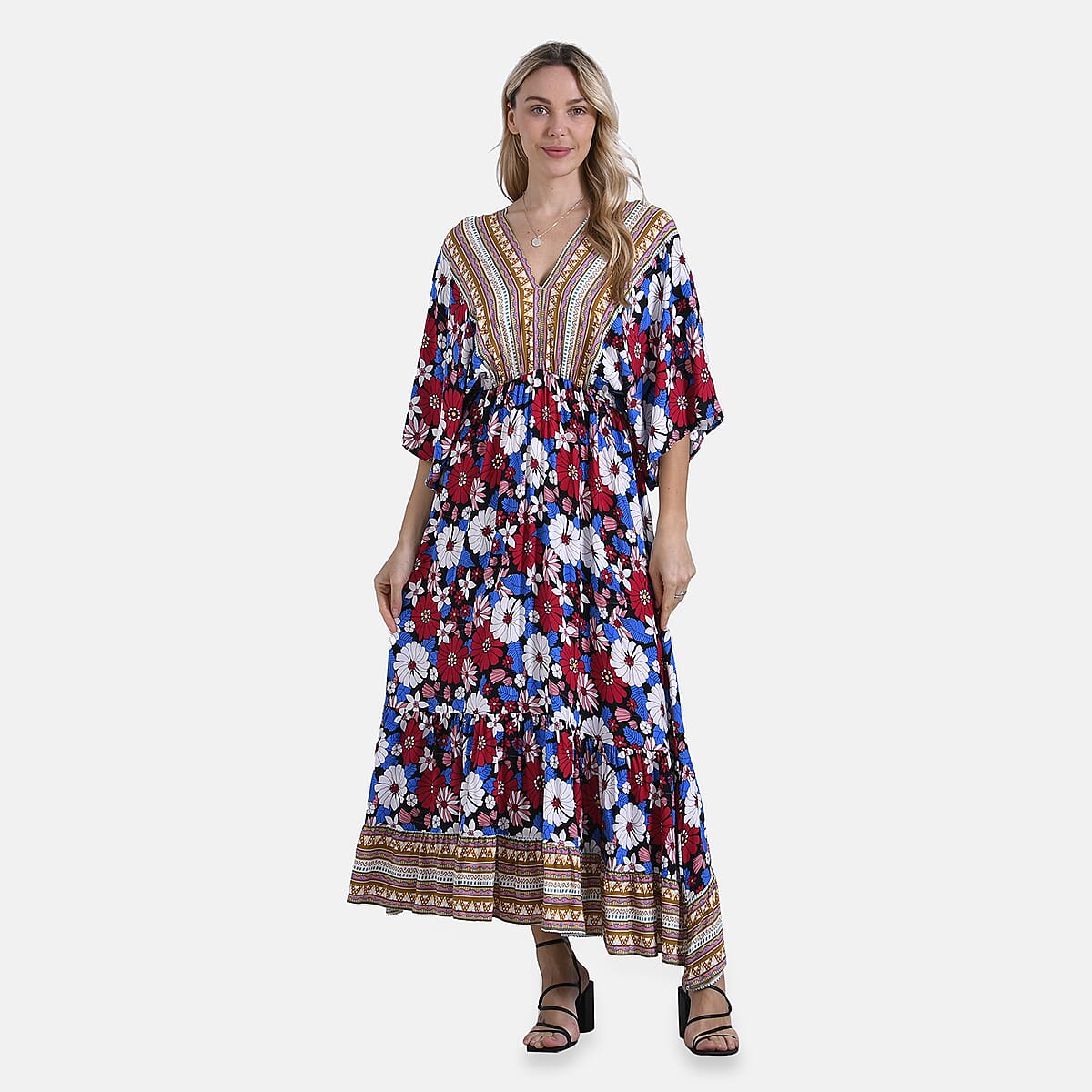 Multi Color Daisy Bohemian Style V-neck Maxi Dress - One Size Fits Most image number 0
