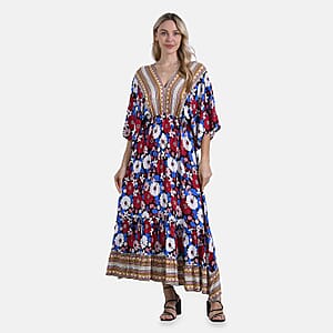 Multi Color Daisy Bohemian Style V-neck Maxi Dress - One Size Fits Most
