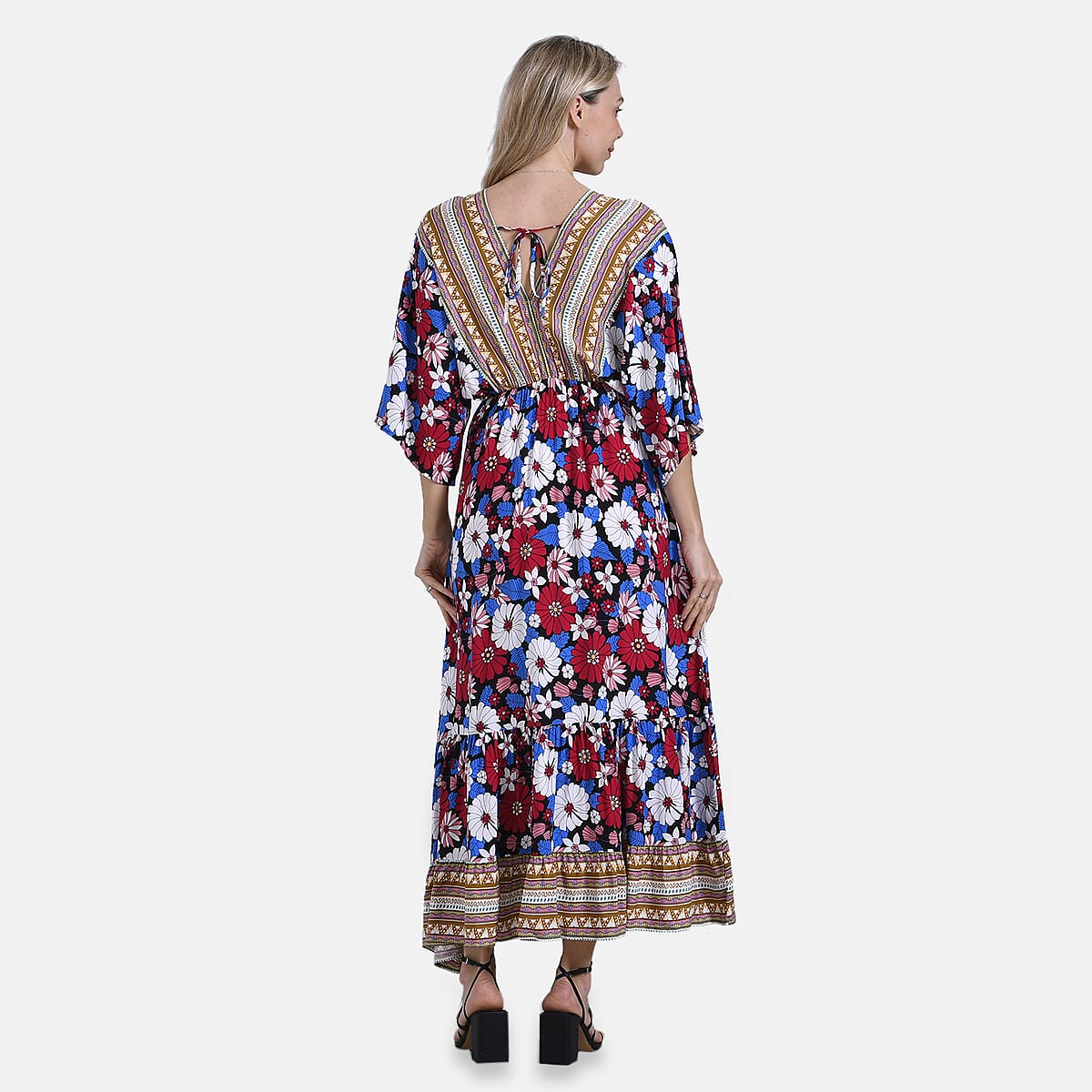 Multi Color Daisy Bohemian Style V-neck Maxi Dress - One Size Fits Most image number 1