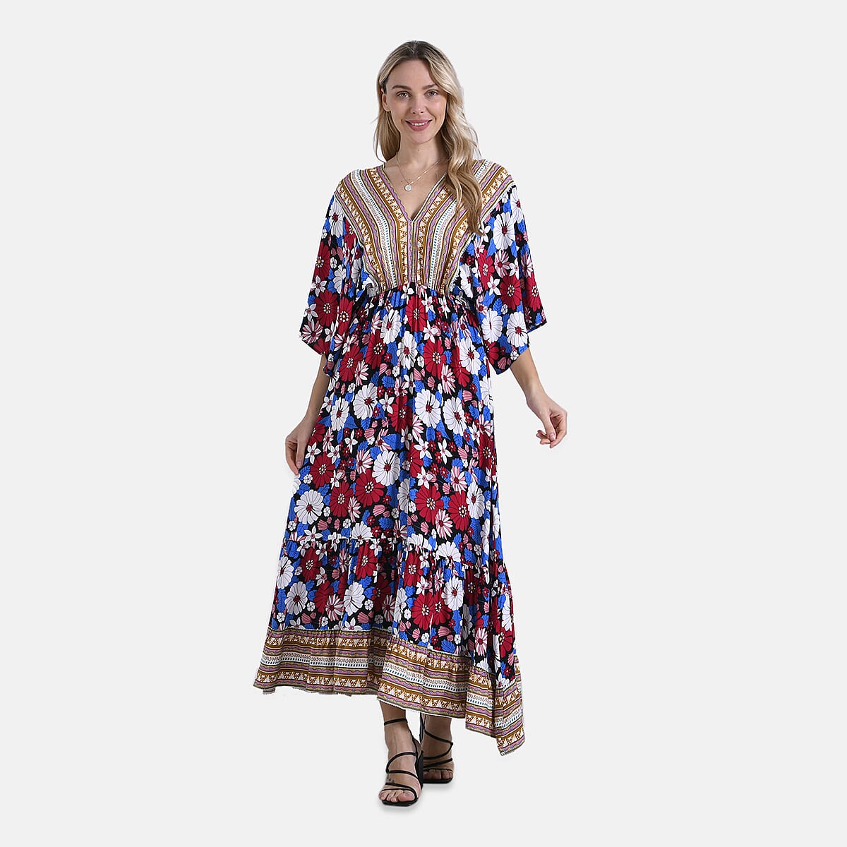 Multi Color Daisy Bohemian Style V-neck Maxi Dress - One Size Fits Most image number 2