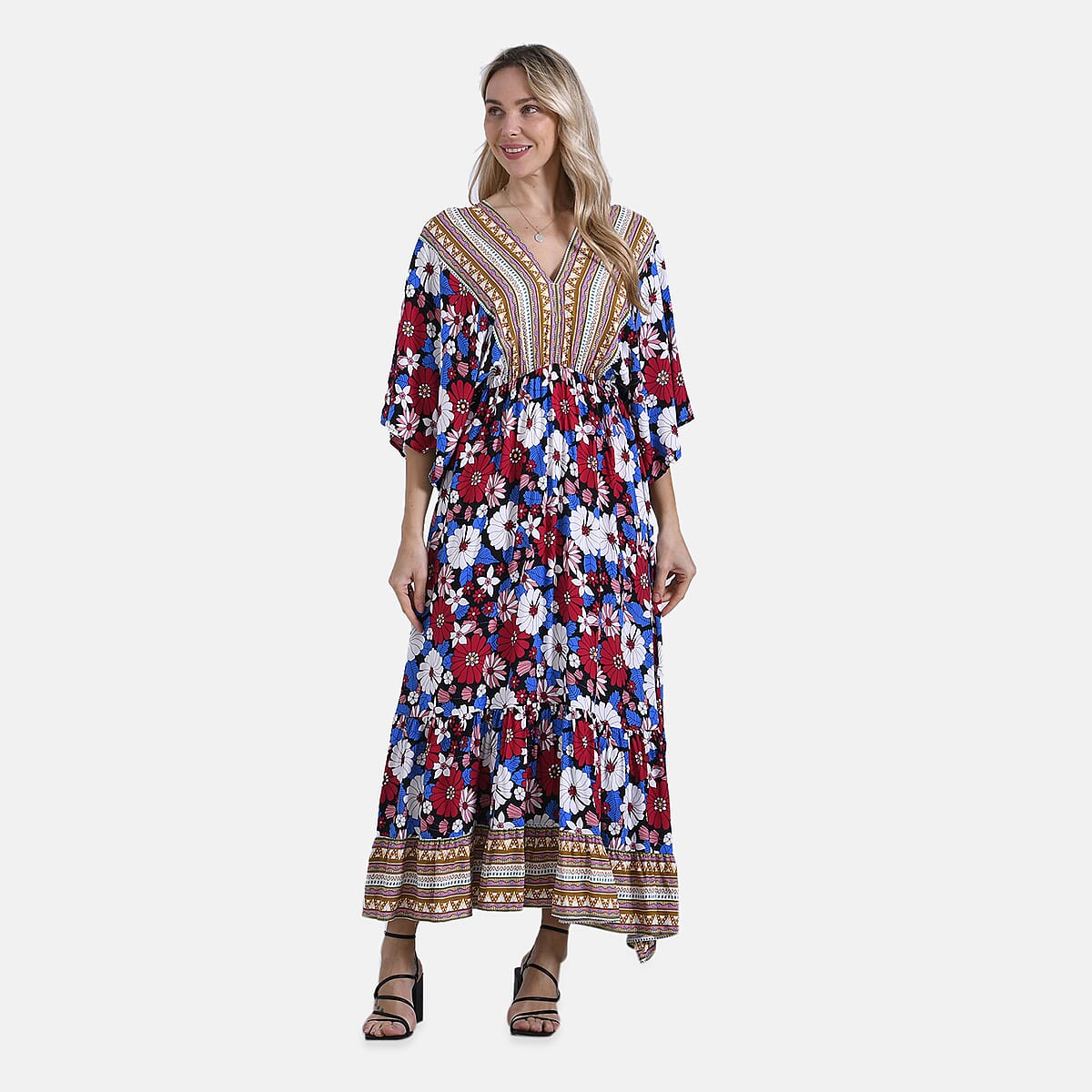 Multi Color Daisy Bohemian Style V-neck Maxi Dress - One Size Fits Most image number 3